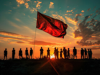 Wall Mural - Silhouettes of People On Sunset Holding Flag