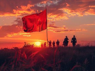 Wall Mural - Silhouettes of People On Sunset Holding Flag