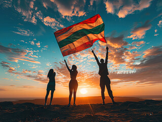 Wall Mural - Silhouettes of People On Sunset Holding Flag