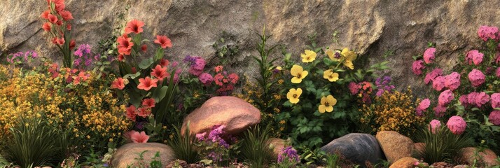 Sticker - A vibrant garden scene featuring a variety of colorful flowers in full bloom, nestled amongst rocks and lush greenery, symbolizing growth, beauty, and the cyclical nature of life.