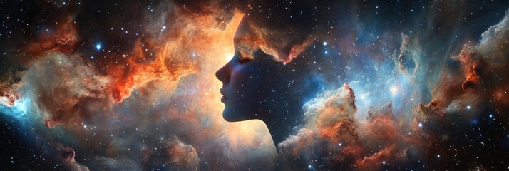 Wall Mural - A woman's silhouette emerges from a swirling nebula, symbolizing the connection between humanity and the vast universe. The image suggests a sense of wonder, exploration, and the interconnectedness of