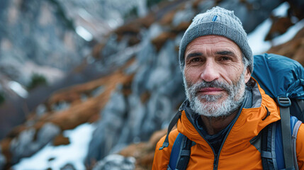 Poster - A man wearing a grey hat and orange jacket is smiling at the camera