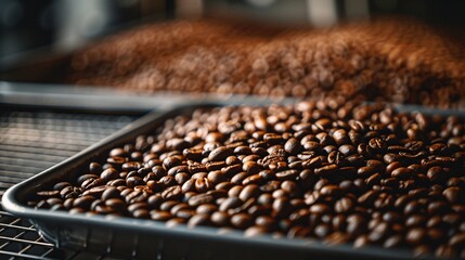 Roasted Coffee Beans on Tray in Coffee Roastery