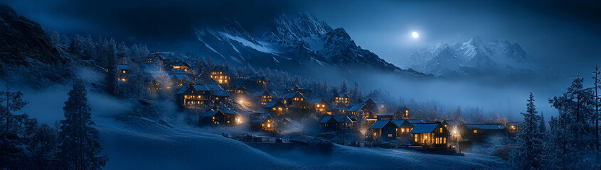 Poster - Enchanting Snowy Village Under Moonlight - A picturesque winter scene with a small village nestled in a snowy valley, illuminated by warm lights under a bright moon, surrounded by majestic mountains, 