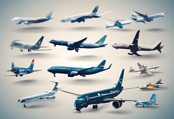 Wall Mural - vector planes collection symbols views fly flat fferent aviation Civil Aircraft Design Travel Arrow Isolated Illustration Airplane Orange Color Graphic Sign Plane Model Set Transportation