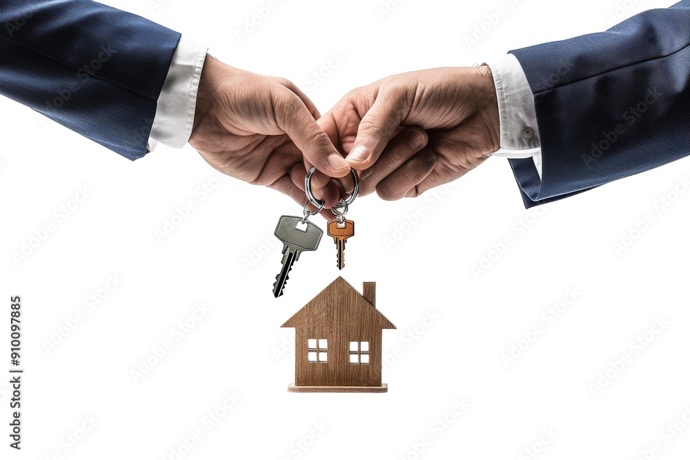 Hand holding house keys with keychain, isolated on white background ...