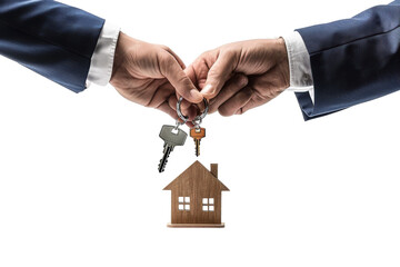 Hand holding house keys with keychain, isolated on white background. PNG without background