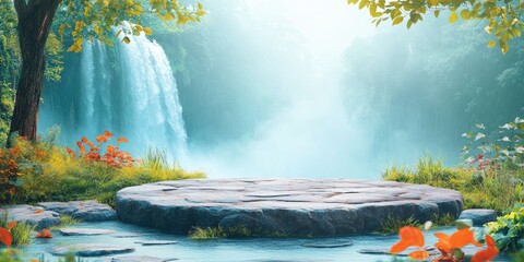 Poster - A Stone Platform by a Mist-Shrouded Waterfall