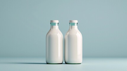 Two milk bottles on light blue background