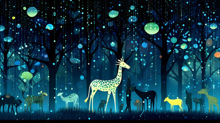 Poster - Enchanted Forest Illustration with Giraffes and Animals