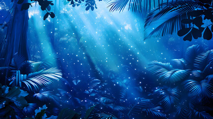 Poster - Blue Jungle Night with Fireflies Illustration