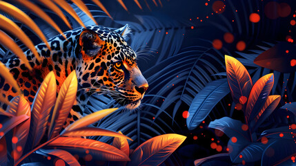 Canvas Print - Jaguar in Tropical Foliage - Illustration