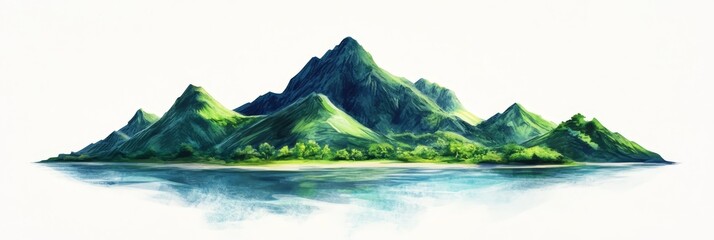 Poster - An isolated island with lush green mountains and a clear blue water surrounding it, symbolizing serenity, nature, peace, tranquility, and escape.