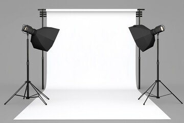 A photo of a photographic studio with stands and a white backdrop. A photography concept, with space for copy. 