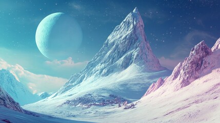 Poster - A towering snow-capped mountain peak stands majestically under a mesmerizing blue moon and a starry night sky. The scene is serene and peaceful, evoking a sense of wonder and awe.