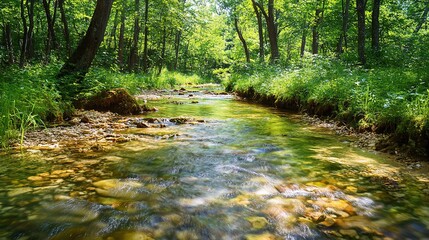 Wall Mural - Serene Stream Through the Forest: A tranquil scene of a sun-dappled forest, with a clear stream winding its way through the verdant foliage. 
