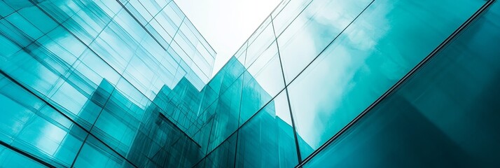 Sticker - A low angle shot of a modern glass building, showcasing the intricate design and reflecting the blue sky. It symbolizes innovation, progress, transparency, and urban development.