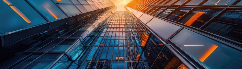 Sticker - A stunning view of a modern skyscraper captured from below, showcasing glass reflections and warm sunlight at sunset.