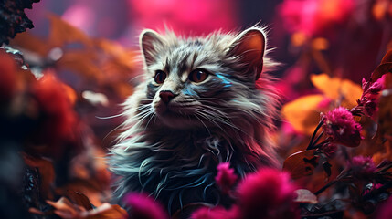 Wall Mural - Furry Cat Portrait in a Garden of Flowers Illustration