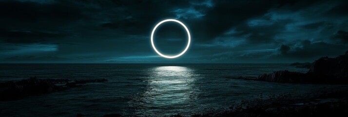 Poster - A glowing circle of light hovers above a dark, mysterious ocean, symbolizing hope, new beginnings, spiritual awakening, infinity, and the unknown.