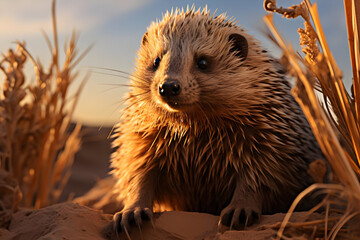 Poster - Closeup of a Hedgehog in a Desert Setting -  Realistic Image