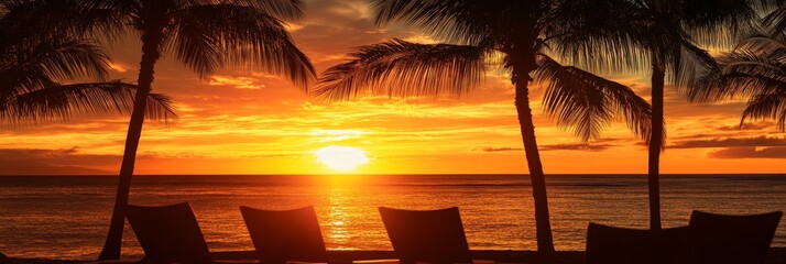 Canvas Print - A serene sunset over a tropical beach, showcasing the warm colors of the sky, palm trees swaying gently, and lounge chairs inviting relaxation. The image captures the essence of tranquility, escape, a