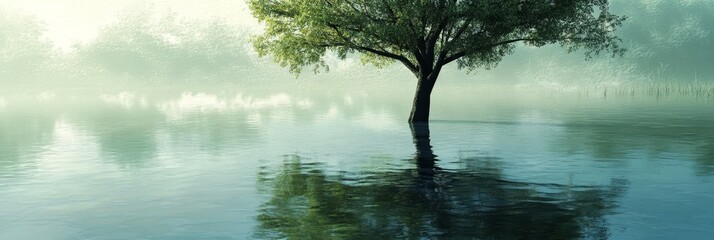 Poster - A solitary tree stands tall in a tranquil lake, its reflection mirrored in the calm waters. The mist creates an ethereal atmosphere, symbolizing peace, serenity, and the beauty of nature.