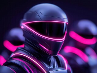 Futuristic figures with LED accessories, exploring mythic space legends, digital activities, neon hues, cyberpunk style