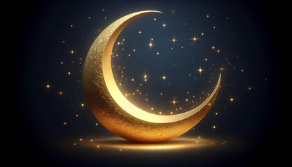 The gold crescent moon in the night sky