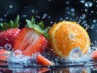 Vibrant fruit splashing with water and ice on elegant black background