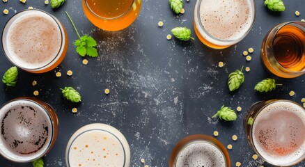 Poster - Craft Beers Arranged on a Dark Table With Fresh Hops