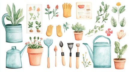 Canvas Print - Gardening Joy Sticker Set: A cheerful set of watercolor