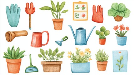 Wall Mural - Gardening Joy Sticker Set: A cheerful set of watercolor