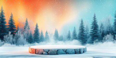 Canvas Print - Stone Platform Covered in Snow in a Wintery Forest with a Colorful Sky