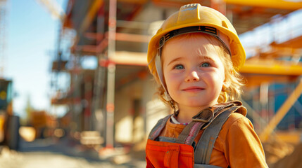 A young child dressed as a builder, wearing a hard hat and tool belt, standing at a construction site. 