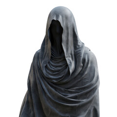 A person is wearing a black cloak and hood, with a hood pulled over their head, 3D illustration, Halloween, Clipart, 3d render, isolate on a transparent background.