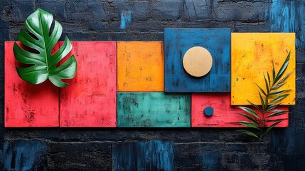 Leinwandbilder - A striking arrangement of colorful abstract panels with green plants set against a textured wall background creates a vibrant atmosphere