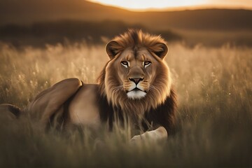 Wall Mural - grassland lion male grass field grassfield dense hidden africa african animal big carnivore cat dangerous eye ferocious fur hair intense leo mane nature panthera predator rest safari stare watchful