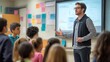 © keetazalay - A teacher standing in front of an interactive whiteboard in a high-tech classroom, explaining data and concepts to an attentive group of students, highlighting the use of digital tools in modern