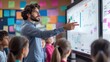 © keetazalay - A teacher standing in front of an interactive whiteboard in a high-tech classroom, explaining data and concepts to an attentive group of students, highlighting the use of digital tools in modern