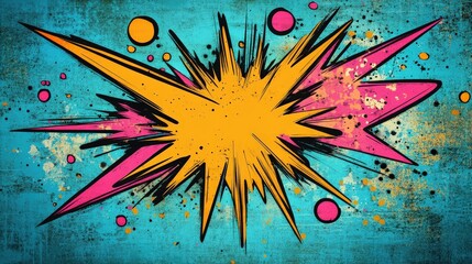 Aufkleber - A dynamic explosion graphic in vibrant colors, featuring pink and orange bursts against a bright blue backdrop, reflecting a comic book style
