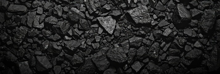 Aufkleber - A close-up view showcases the rough texture and varying sizes of dark coal rocks scattered across a surface, illuminated by soft light