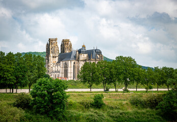 Distant view of the Cathedral of Toul from the bridge over the Moselle