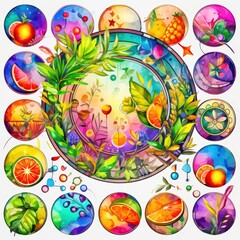 Aufkleber - Brightly colored fruits and leaves are artistically arranged, showcasing a variety of shapes and textures in a radiant composition