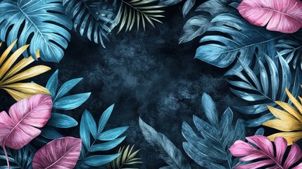 Poster - Colorful tropical leaves in shades of blue, green, pink, and yellow frame a dark textured background, creating a striking visual for design purposes