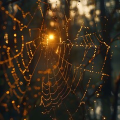 Poster - Golden Dewdrops on a Spiderweb