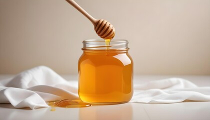 Glass jar with honey with a wooden spoon on a white background. Bee Honey