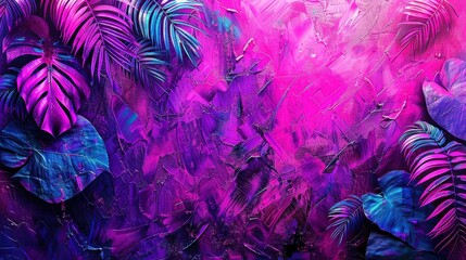 Leinwandbilder - Colorful abstract design featuring broad leaves against a vivid purple and blue background, blending nature and artistic expression