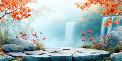 Poster - Stone Platform with Waterfall and Autumn Foliage