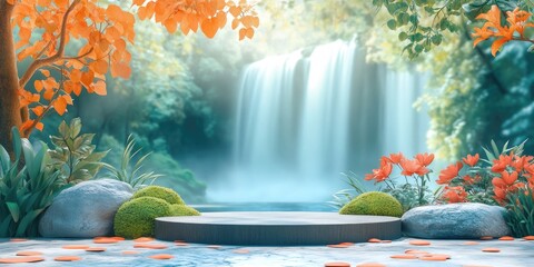 Poster - Round Podium with Waterfall Background and Floral Accents